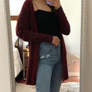 Maroon/Navy Blue Knit Long Cardigan